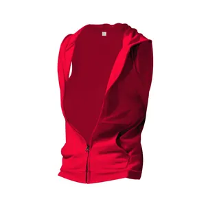Close-up view of a red men's sleeveless hooded vest with functional front zipper detail