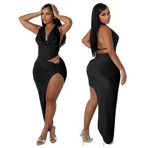Sexy black halter neck drape top and high slit maxi skirt two-piece set for women