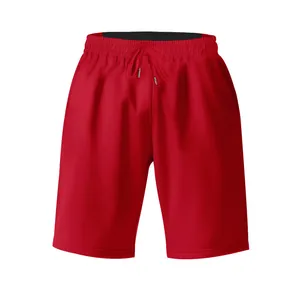 Vibrant red men's athletic shorts with comfortable drawstring waistband and side pockets.