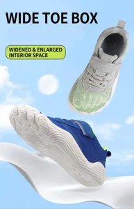 Detail view of breathable kids' barefoot five-finger shoes with a wide toe box