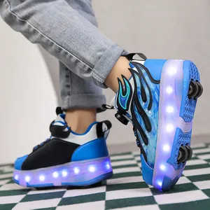 Vibrant blue kids LED roller shoes featuring dual wheels and glowing light-up soles