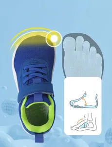 Blue and lime green kids' barefoot shoe showing wide toe box and ergonomic foot diagram