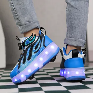 Close-up of children's blue flame roller shoes with vibrant LED light-up soles