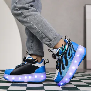 Detailed view of kids' blue LED roller shoes with flame pattern and dial laces