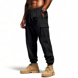 Full view of men's black linen cargo jogger pants with functional side pockets.