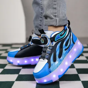 Blue flame design girls roller shoes with glowing LED soles and dial buckle