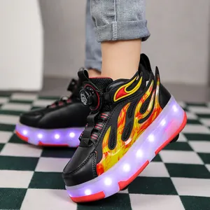 Close-up of children's black roller shoes with LED light-up soles and flame pattern