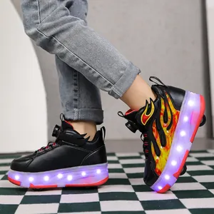 Close-up of kids' black flame roller shoes with purple LED lights and rotary buckles.
