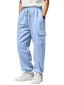 Light blue linen cargo joggers for men with elastic waist and side pocket details