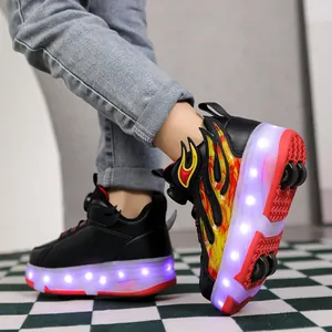 Detail of children's four-wheel roller shoes with glowing LED lights and flame design