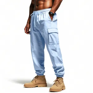 Light blue men's linen cargo jogger pants with side pockets for outdoor leisure wear.