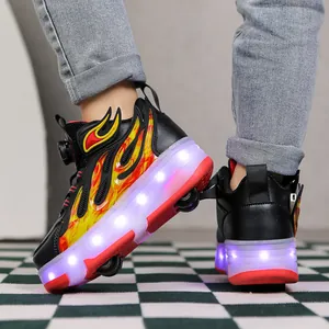Close-up view of children's LED roller shoes featuring glowing wheels and flame design