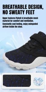 Close-up detail of the breathable fly-knit upper on children's barefoot five-finger shoes
