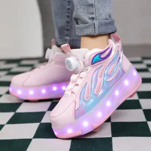 Close-up view of pink girls' LED roller shoes with flame pattern and rotary buckle