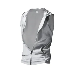 Close-up detail showing the texture and zipper of a gray sleeveless hooded gym vest for men