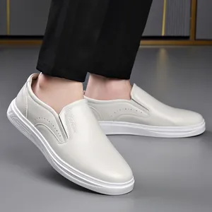 Men's minimalist white faux leather slip-on loafers for business and casual wear