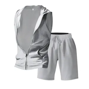 Close-up detail of men's athletic grey zip-up sleeveless hoodie and drawstring shorts