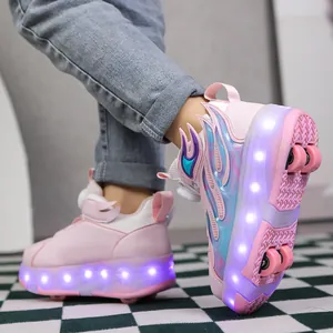 Detailed view of pink children's four-wheel roller shoes with glowing purple LED lights