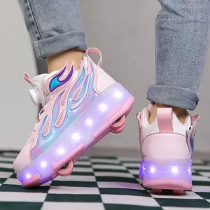 Close-up detail of pink girls' roller shoes featuring vibrant LED lights and four wheels.
