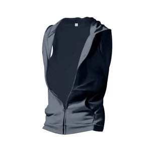 Close-up detail of men's casual sleeveless hoodie vest featuring a metal front zipper