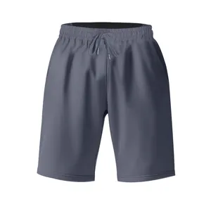 Detailed front view of dark grey men's casual athletic shorts with drawstring waist