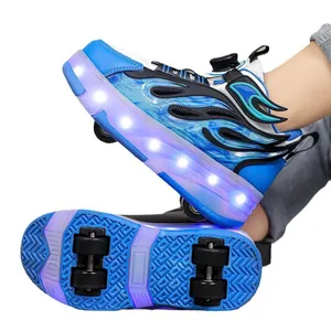 Blue girls four-wheel roller skating shoes with LED light-up sole and flame design