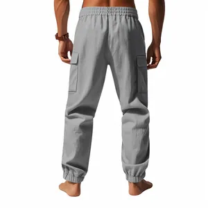 Back view of grey linen cargo joggers for men with elastic cuffs