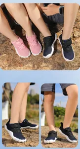 Macro view of children's barefoot hiking shoes showing the flexible wide toe box and mesh.