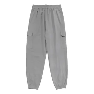 Back view of men's light grey linen cargo pants with elastic cuffs and side pockets.