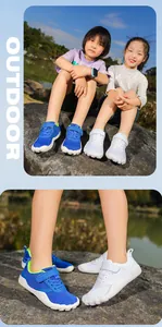 Detailed view of kids breathable barefoot outdoor shoes with velcro straps in blue and white