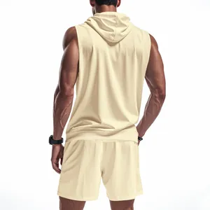 Back view of a men's sleeveless hooded fitness set in cream color for summer workouts