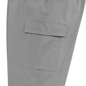 Detailed close-up view of the side cargo pocket on grey linen casual pants for men