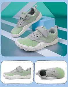 Composite view of children's grey and green barefoot shoes showing side and top angles
