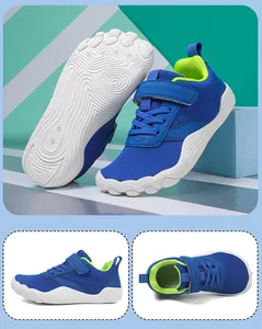 Blue children's breathable barefoot walking shoes with a wide five-finger toe box