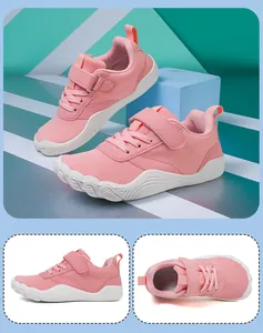 Pink kids barefoot sneakers with breathable mesh and wide toe box for outdoor hiking