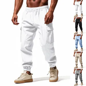 Men Linen Polyester Cargo Jogger Pants Casual Loose Drawstring Multi Pocket Breathable Outdoor Athletic Sweatpants Bottoms