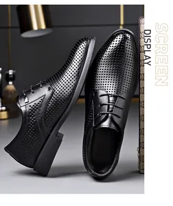 Close-up of black perforated men's dress shoes showing breathable hollow out design