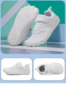 Breathable white children's barefoot five-finger shoes with secure velcro strap closure