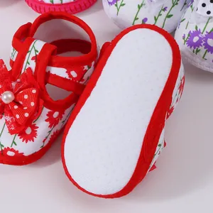 Detail view of non-slip soft sole on baby girl floral summer sandals