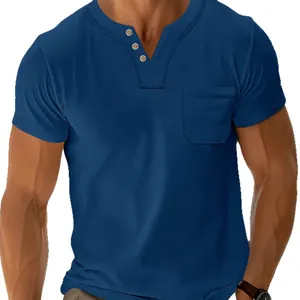 Ανδρικό μπλε Henley T-shirt σε στενή γραμμή με τσέπη, casual καλοκαιρινό στυλ 2025