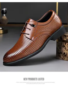 Side view detail of brown breathable hollow leather business dress shoes for men