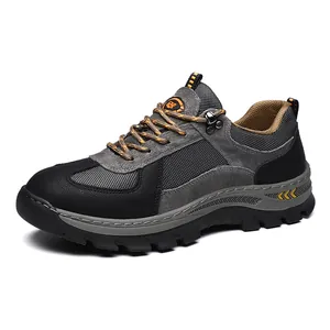Gedetailleerd overzicht van ademende leren wandelschoenen voor heren met mesh en suède