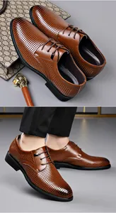 Classic brown perforated leather business dress shoes shown in still life and on model
