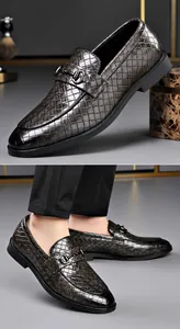 Men's woven leather loafers with metal horsebit buckle detail in a formal style.
