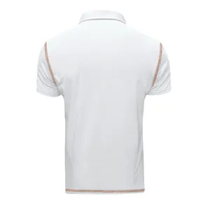Back view of white short-sleeve polo shirt with brown contrast stitching details