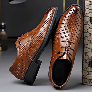 Premium men's breathable brown leather dress shoes with hollow-out perforated design
