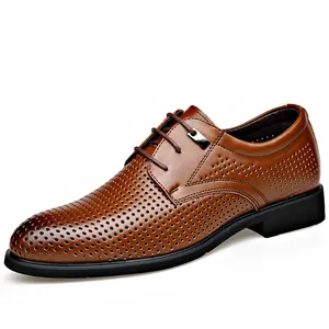 Men's brown breathable hollow-out leather dress shoes for business and casual summer wear
