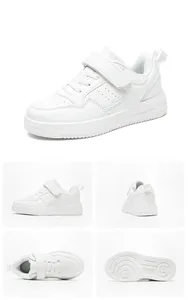 Vue détaillée multi-angles de baskets blanches en cuir imperméable pour enfants et juniors.