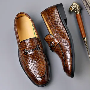 Men's elegant brown woven pattern loafers with metal horsebit buckle for formal business attire