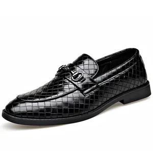 Men's black woven leather loafers with gunmetal buckle for business formal wear